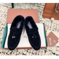 Duplicate Loro Piana Summer Charm Loafers in Suede and Rabbit Fur Dark Blue 011072