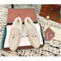 Low Price Loro Piana Summer Charm Loafers in Suede and Rabbit Fur Light Grey 1011079