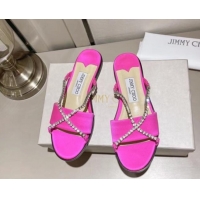 Good Quality Jimmy Choo Satin Flat Slide Sandals with Crystals Strap Pink 327049