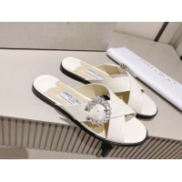 Stylish Jimmy Choo Calfskin Flat Slide Sandals with Crystals Buckle White 327053