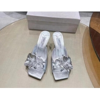 Lowest Price Jimmy Choo Flower Calfskin Heel Slide Sandals 6.5cm Silver 606051