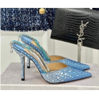 Classic Hot Jimmy Choo Saeda Slingback Pumps 8cm with Strass and Ankle Strap Blue 606062