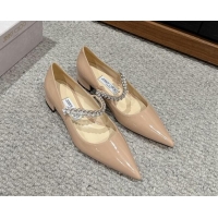 Stylish Jimmy Choo Bing Pump Flat 2.5cm with Strass Strap in Patent Calfskin Nude 606064