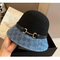 Buy Inexpensive Gucci Horsebit Bucket Hat in Wool and GG Denim 3034 Black/Blue 2024