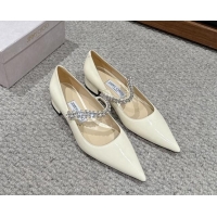 Unique Discount Jimmy Choo Bing Pump Flat 2.5cm with Strass Strap in Patent Calfskin White 606066