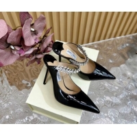 Crafted Jimmy Choo Bing Patent Leather Heel Mules 8.5cm with Strass Strap Black 724035