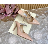 Expensive Jimmy Choo Bing Patent Leather Heel Mules 8.5cm with Strass Strap Light Pink 724036