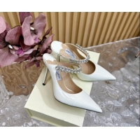 Leisure Jimmy Choo Bing Patent Leather Heel Mules 8.5cm with Strass Strap White 724037