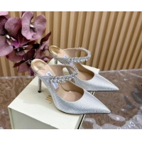 Pretty Style Jimmy Choo Bing Heel Mules 8.5cm with Strass Strap in Diamond-Glitter Fabric Silver 724038