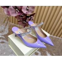 Popular Style Jimmy Choo Bing Heel Mules 6.5cm with Strass Strap in Patent Leather Purple 724042