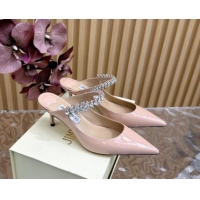 Good Looking Jimmy Choo Bing Heel Mules 6.5cm with Strass Strap in Patent Leather Nude Pink 724045