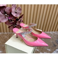 Cheap Price Jimmy Choo Bing Heel Mules 6.5cm with Strass Strap in Patent Leather Pink 724046