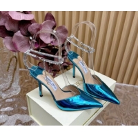 Best Product Jimmy Choo Saeda Slingbacks Pumps 10.5cm with Strass Strap in Glazed Leather Blue 724050