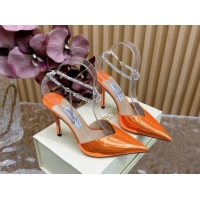 Most Popular Jimmy Choo Saeda Slingbacks Pumps 10.5cm with Strass Strap in Glazed Leather Orange 724052