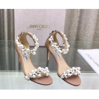 Feminine Jimmy Choo Pearls Leather Heel Sandals 8.5cm Beige 724053