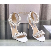 Luxury Jimmy Choo Pearls Leather Heel Sandals 8.5cm White 724056