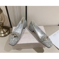 Comfortable Jimmy Choo Ravi Flat Loafers 2.5cm in Silver Glitter with Link 1011035