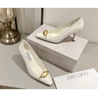 Buy Luxury Jimmy Choo Ryker Pumps 8cm in Lambskin Leather with Metal-Tone Link White 1011039