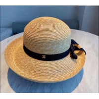 Luxury Classic Chanel Straw Wide Brim Hat with 0302 Black Band 2024