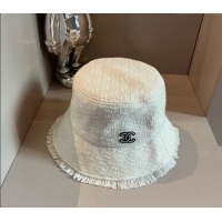 New Product Chanel Tweed Bucket Hat with Fringe 082201 White 2024