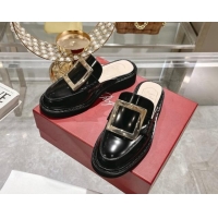 Good Looking Roger Vivier Viv' Rangers Metal Buckle Mules in Shiny Leather Black 812119