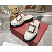 Buy Luxury Roger Vivier Viv' Rangers Metal Buckle Mules in Shiny Leather White 812120