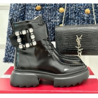 Buy Luxury Roger Vivier Strass Buckle Platform Ankle Boots in Black Glazed Leather 010084