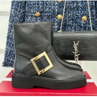 Perfect Roger Vivier Viv' Rangers Ankle Biker Booties in Black Leather with Gold-Tone Buckle 010086