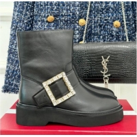 Grade Quality Roger Vivier Viv' Rangers Ankle Biker Booties in Black Leather with Strass Buckle 010087