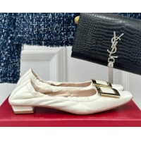 Shop Duplicate Roger Vivier Classic Metal Buckle Ballerinas in Lambskin Leather White 1010093