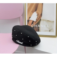 Super Quality Chanel Fabric Beret Hat with Pearls CH082305 Black 2024