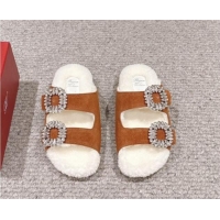 Good Product Roger Vivier Slidy Viv' Strass Buckle Flat Slides Sandals in Suede and Shearling Fur Brown 010098