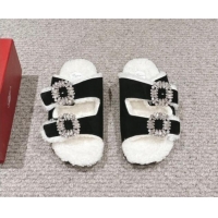 Unique Style Roger Vivier Slidy Viv' Strass Buckle Flat Slides Sandals in Suede and Shearling Fur Black 010099