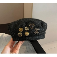 Low Cost Chanel Tweed Beret Hat with Charm 1019013 Black 2024