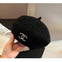 Super Quality Chanel Knit Beret Hat with Strass CC 1019017 Black 2024