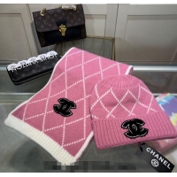 Most Popular Chanel Chevron Long Scarf and Hat Set CH102111 Pink/White 2024