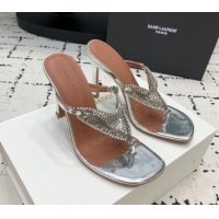 Best Product Amina Muaddi High Heel Thong Slide Sandals 9.5cm in Strass and Calfskin Silver 719114