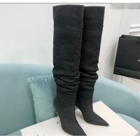 Pretty Style Amina Muaddi Jahleel High Boots 9.5cm in Denim Black 903005