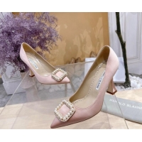 Best Price Manolo Blahnik Classic Silk Pumps 7/9.5cm with Pearls Buckle Light Pink 507001