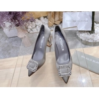 Top Design Manolo Blahnik Classic Silk Pumps 7/9.5cm with Pearls Buckle Grey 507002