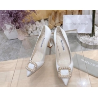 Luxury Manolo Blahnik Classic Silk Pumps 7/9.5cm with Pearls Buckle White 507003