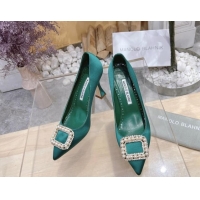 Low Cost Manolo Blahnik Classic Silk Pumps 7/9.5cm with Pearls Buckle Green 507004