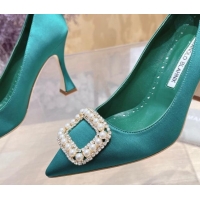 Low Cost Manolo Blahnik Classic Silk Pumps 7/9.5cm with Pearls Buckle Green 507004