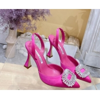 Luxury Discount Manolo Blahnik Classic Silk Slingback Pumps 8cm with Strass Buckle Dark Pink 507009