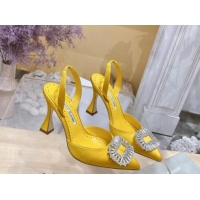 1:1 aaaaa Manolo Blahnik Classic Silk Slingback Pumps 8cm with Strass Buckle Yellow 507011