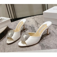 Trendy Design Manolo Blahnik Hangisimu Satin Heel Slide Sandals 7.5cm with Strass Buckle White 507013