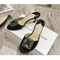 Stylish Manolo Blahnik Hangisimu Satin Heel Slide Sandals 7.5cm with Strass Buckle Black 507014