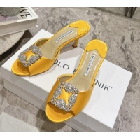 Perfect Manolo Blahnik Hangisimu Satin Heel Slide Sandals 7.5cm with Strass Buckle Yellow 507015