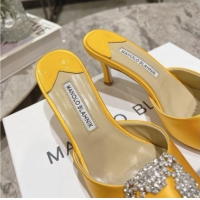 Perfect Manolo Blahnik Hangisimu Satin Heel Slide Sandals 7.5cm with Strass Buckle Yellow 507015