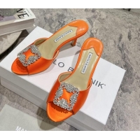 Top Design Manolo Blahnik Hangisimu Satin Heel Slide Sandals 7.5cm with Strass Buckle Orange 507016